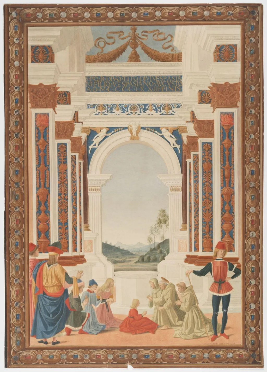 Copy after the painting St Bernard healing a man by Fiorenzo di Lorenzo in the Galleria Nazionale, Perugia., by Eliseo Fattorini, watercolor, 1880