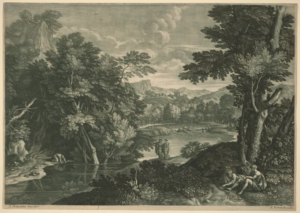 Landscape, by Elisha Kirkall, ink, 1738