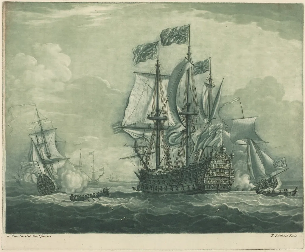 Shipping Scene with Man-of-War, by Elisha Kirkall, ink, 1724