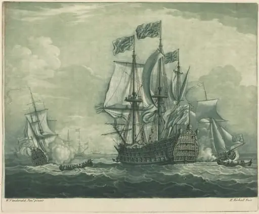 Shipping Scene with Man-of-War, by Elisha Kirkall
