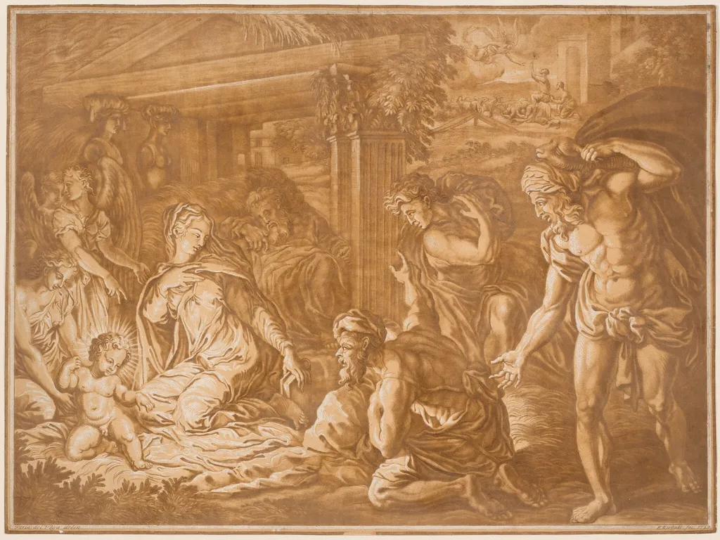 The Adoration of the Shepherds, by Elisha Kirkall, ink, 1724