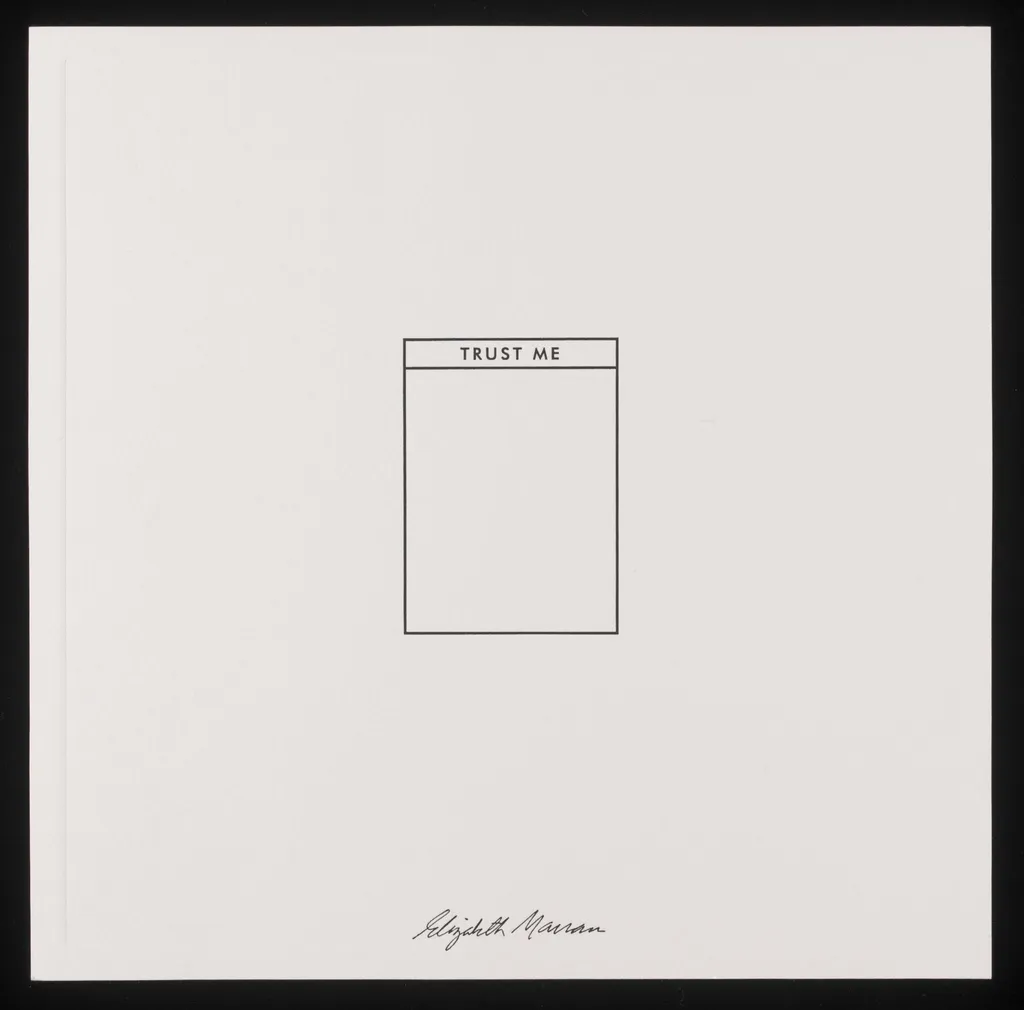 Title page for the edition of 20 prints entitled 'Trust Me', by Elizabeth Marran, 1992