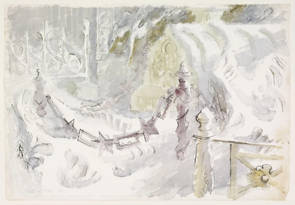 Ironwork at Lansdown Cemetery, Bath, by Ellis, watercolor, 1943