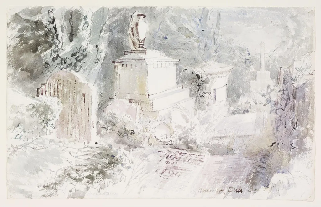 Tombstones, Bathampton Cemetary, Bath, by Ellis, watercolor, 1943
