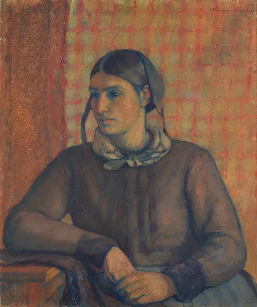 Walliserin vor kariertem Vorhang, by Else Thomann-Buchholz