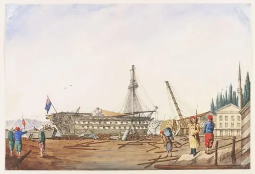 H.M: Ship Albion in dock at Constantinople after the Bombardment  at Sevastopol.  October 1854, by Em. Caruana