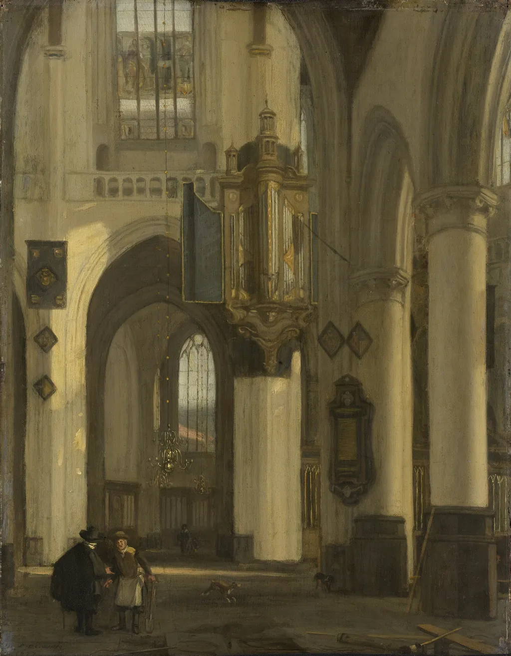 Interior of a Protestant Gothic church with motifs of the Oude and the Nieuwe Kerk in Amsterdam, by Emanuel de Witte, oil, 1689
