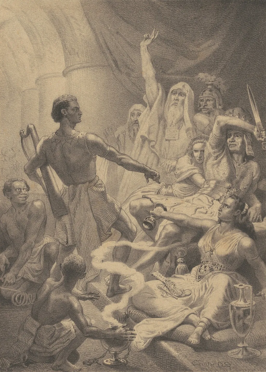 David Playing before Saul, by Emanuel Leutze, ink, 1853