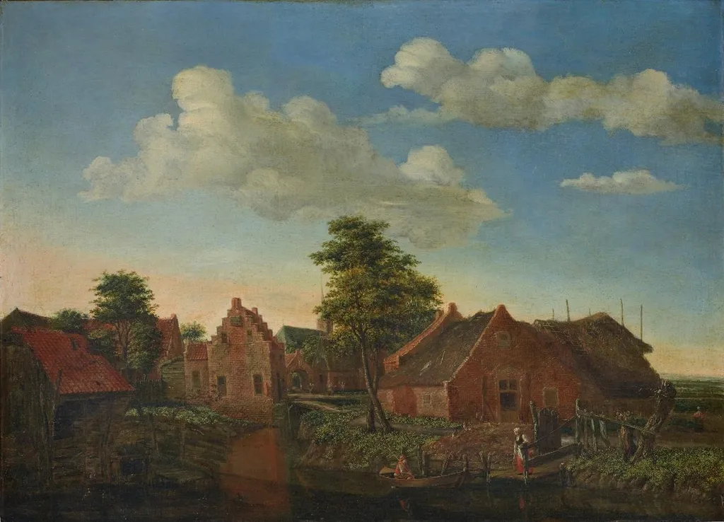 Holländisches Dorf am Wasser, by Emanuel Murant, oil, 1671