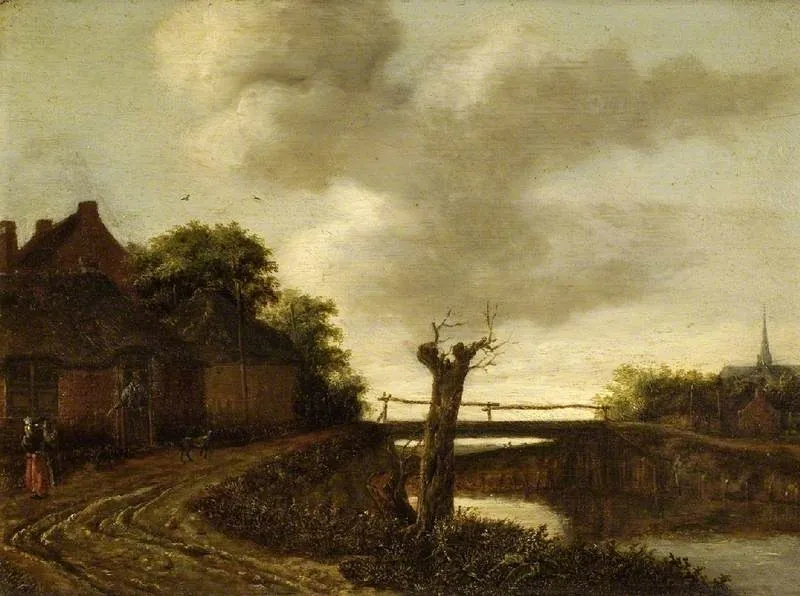 Landscape with a bridge, by Emanuel Murant, oil, 1671
