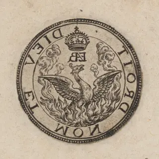 Emblem of the Phoenix and the motto "Dieu et mon droit" [right half]
