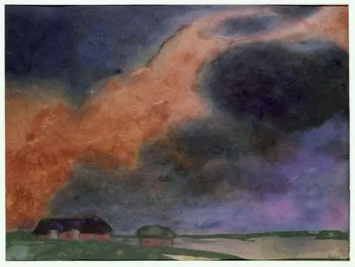 Friesland Farm under red clouds, by Emil Nolde