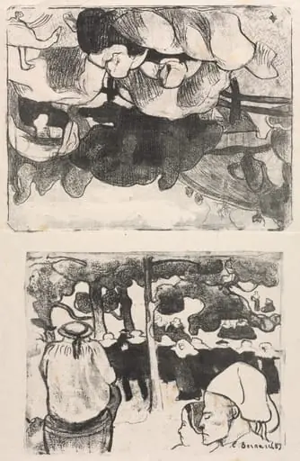 Les Bretonneries: Breton Women Making Haystacks (Bretonnes Faisant les Foins) and Wedding in Brittany (La Noce en Bretange), by Émile Bernard