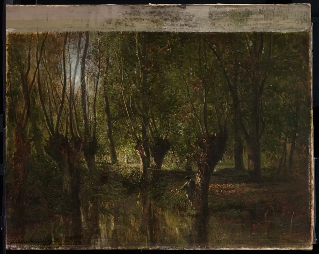 Young Man Fishing beneath Willow Trees, by Émile Lambinet