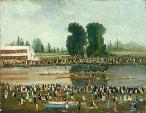 Rowing Scene: Crowds Watching from the River Banks, by Émile Lévy, 1850