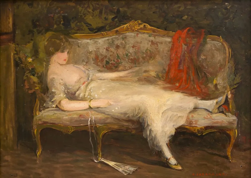 Femeie culcată pe canapea, by Emilian Lăzărescu, 1915