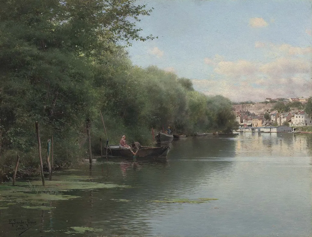 Fishing on the Bank of the Oise, Pontoise, by Emilio Sánchez-Perrier, unspecified, 1891
