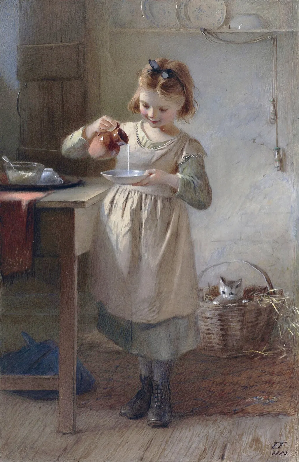 Kitty's Breakfast, by Emily Farmer, watercolor, 1883