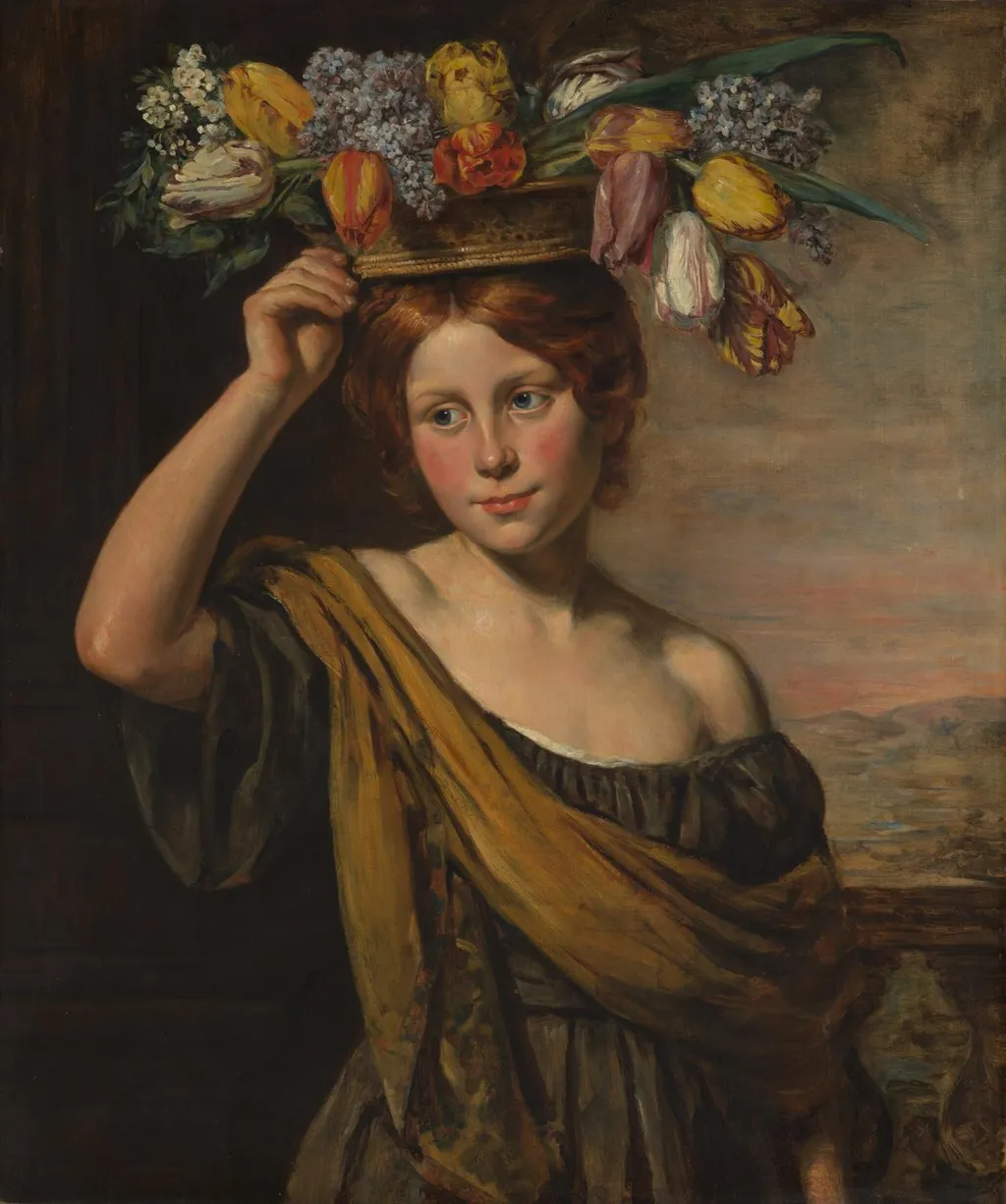 A girl with a basket of tulips, lilacs and other flowers, on a balcony before a landscape, by Emma Soyer, oil, 1836