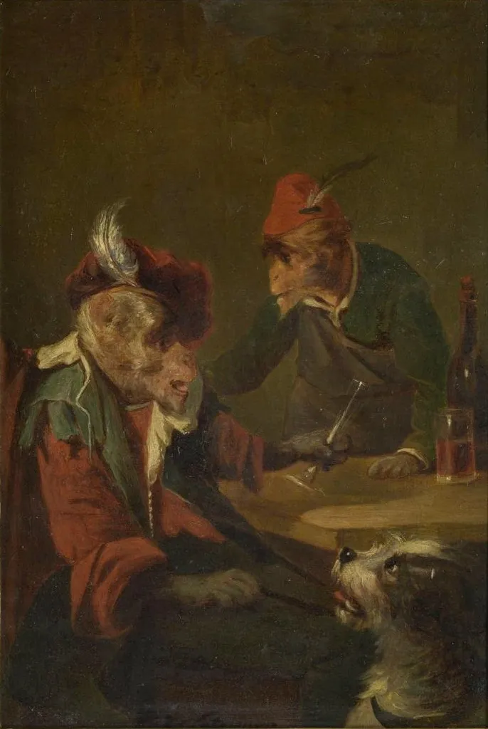 Drinking monkeys and a dog, by Emmanuel Noterman, oil, 1808