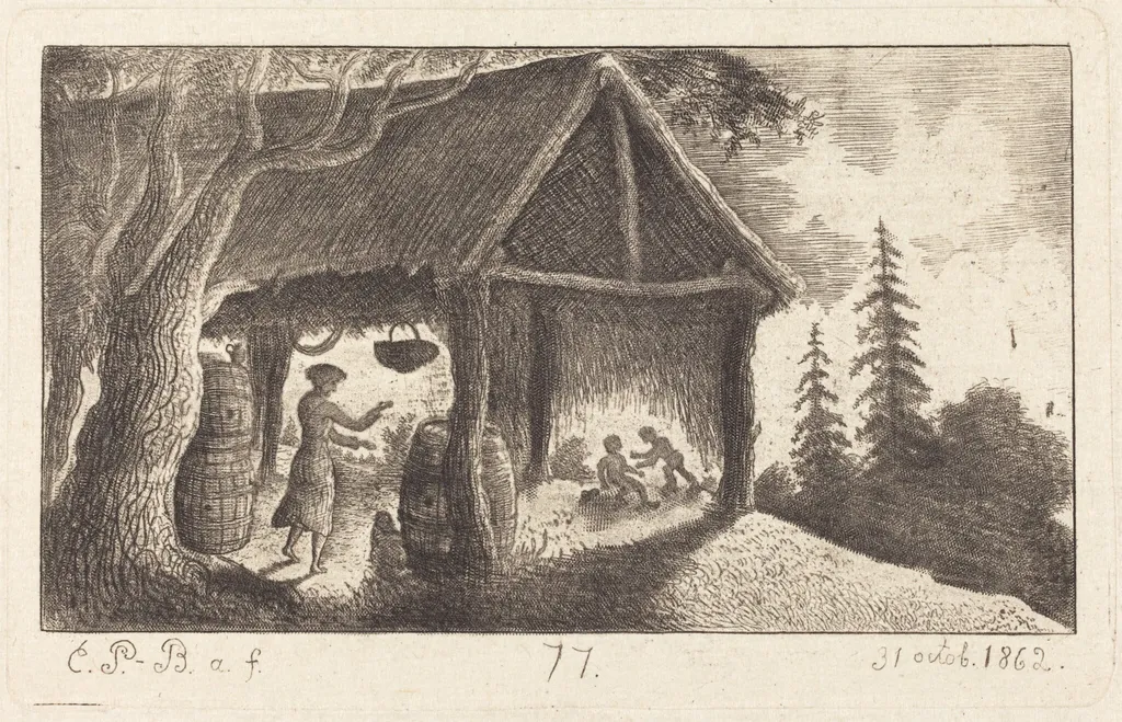 The Shed with Children Fighting, by Emmanuel Phélippes-Beaulieu, ink, 1862