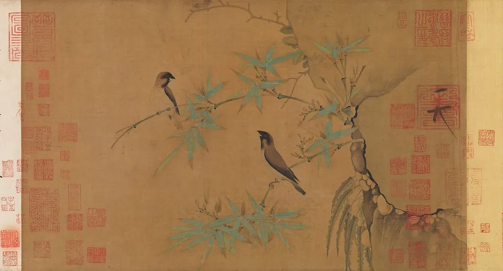 北宋 徽宗 竹禽圖 卷|Finches and bamboo, by Emperor Huizong, ink, 1113