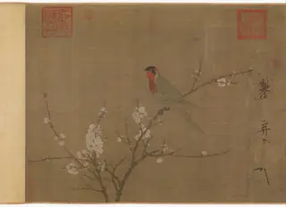 Five-colored parakeet on a blossoming apricot tree, by Emperor Huizong