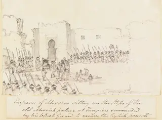 Emperor of Morocco sitting on the Steps of the old Moorish palace at Tangiers surrounded by his black Guard to receive the English presents