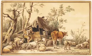 En fårehyrde med sin hjord ved et skur