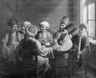 En gruppe græske, armenske og tyrkiske købmænd i et kaffehus i Wien