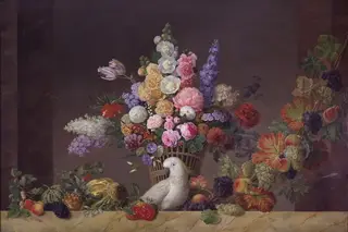 En kurv med blomster, en kakadue og en frugtranke, by Johannes Ludvig Camradt