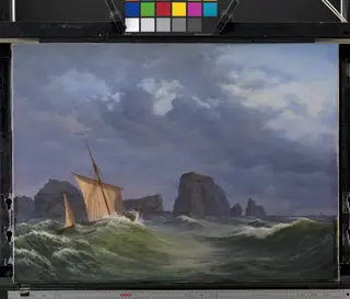 En shetlandsk fiskerbåd i stormfuldt vejr nord for Orkneyøerne