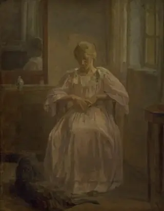 En ung pige, Sophie Lofthus, med en hund