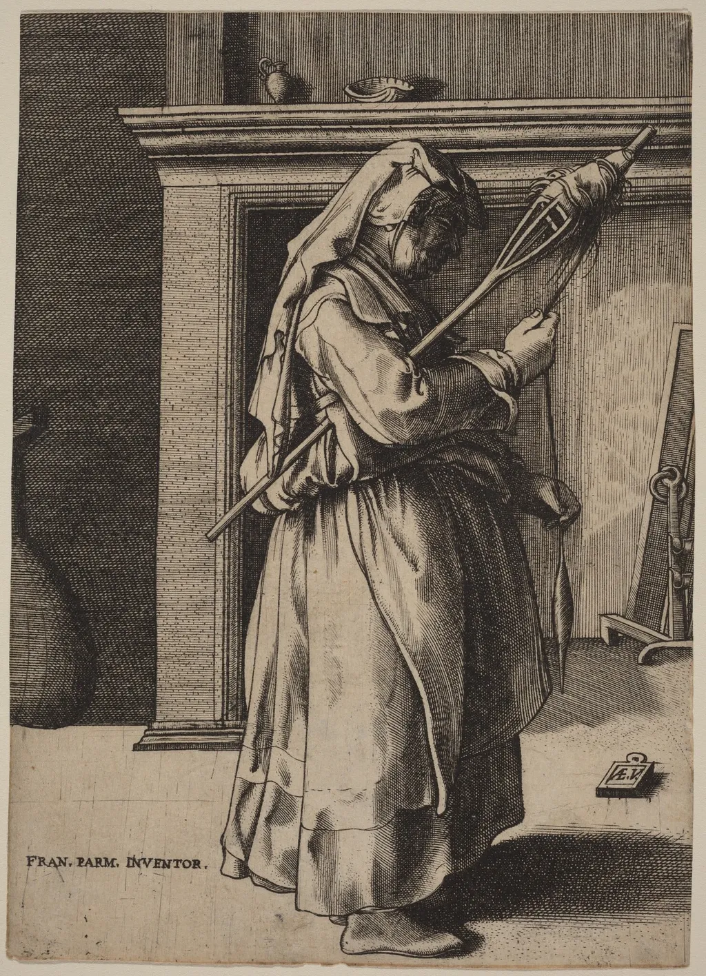 Old Woman with a Distaff, by Enea Vico, ink, 1545