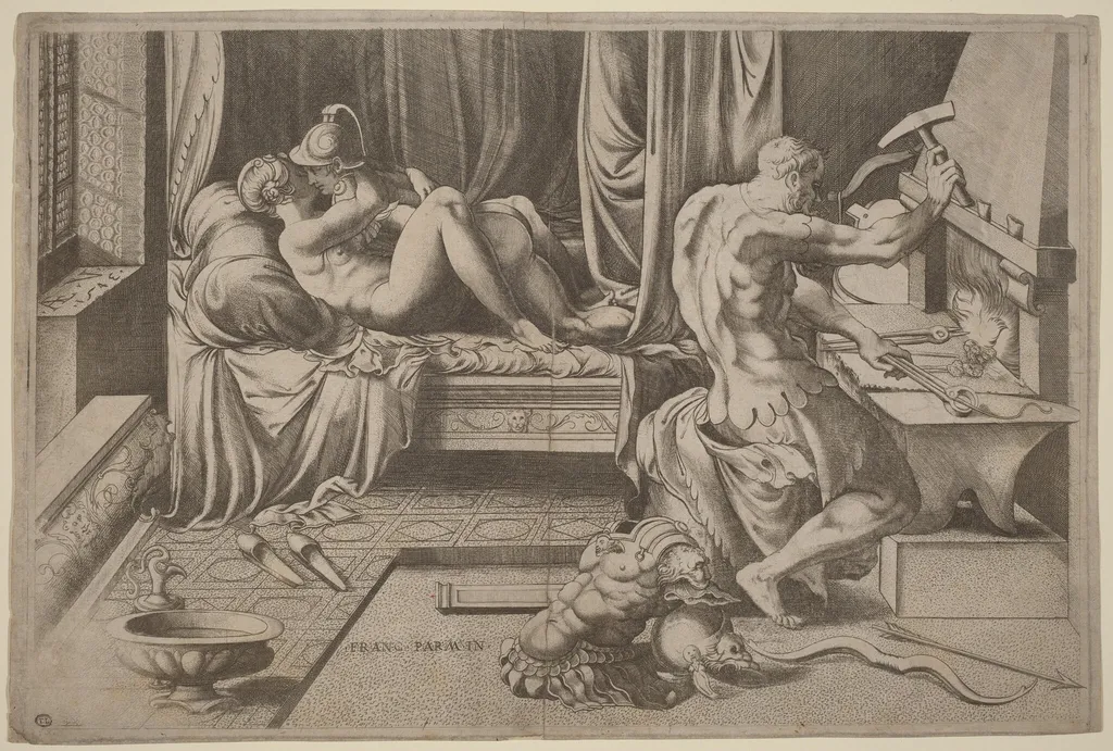 Venus and Mars Embracing with Vulcan at his Forge, by Enea Vico, ink, 1543