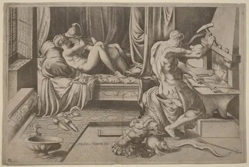 Venus and Mars Embracing with Vulcan at his Forge, by Enea Vico