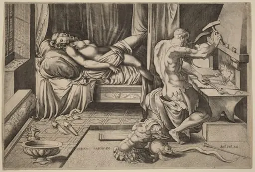 Venus Reclining with Vulcan at His Forge, by Enea Vico