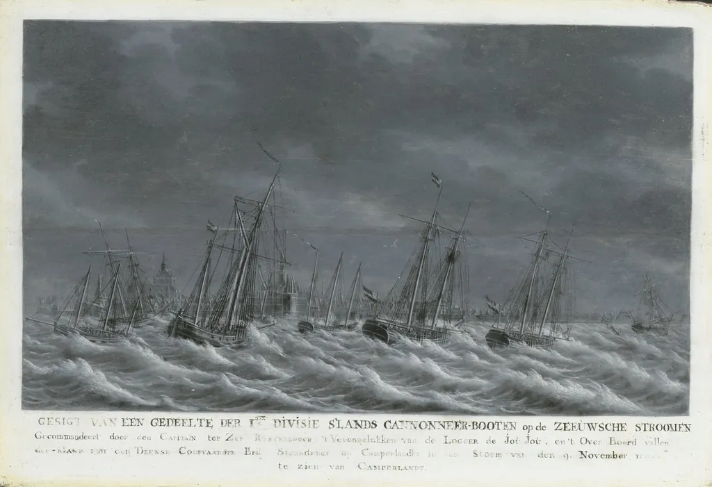 Batavian Fleet before Veere, 9 November 1800, by Engel Hoogerheyden, oil, 1800