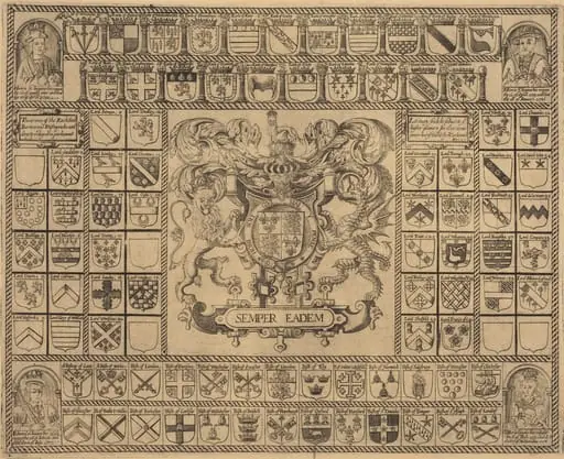Coats of Arms with Corner Portraits of Henry VII, Henry VIII, Edward VI, and Mary, by English 16th Century
