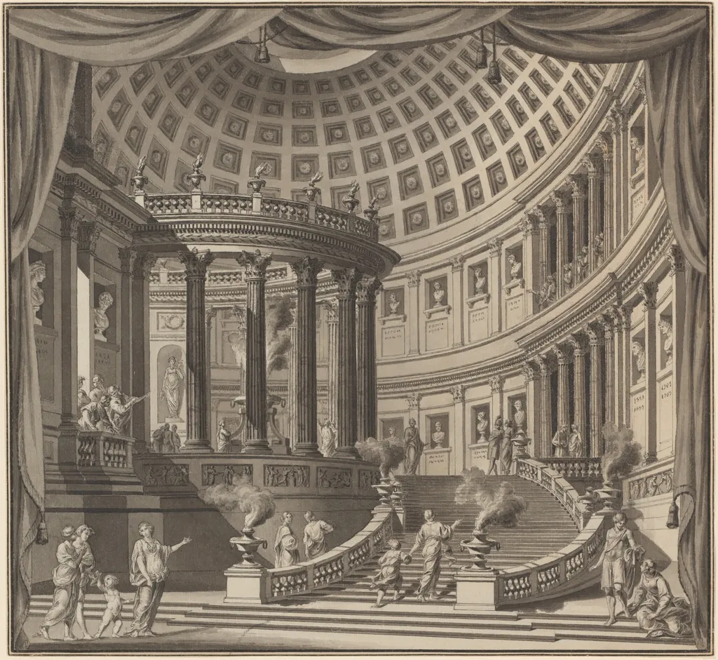 Design for a Stage Curtain: The Interior of an Elaborate Temple Dedicated to Illustrious Men, by Ennemond Alexandre Petitot, ink, 1784