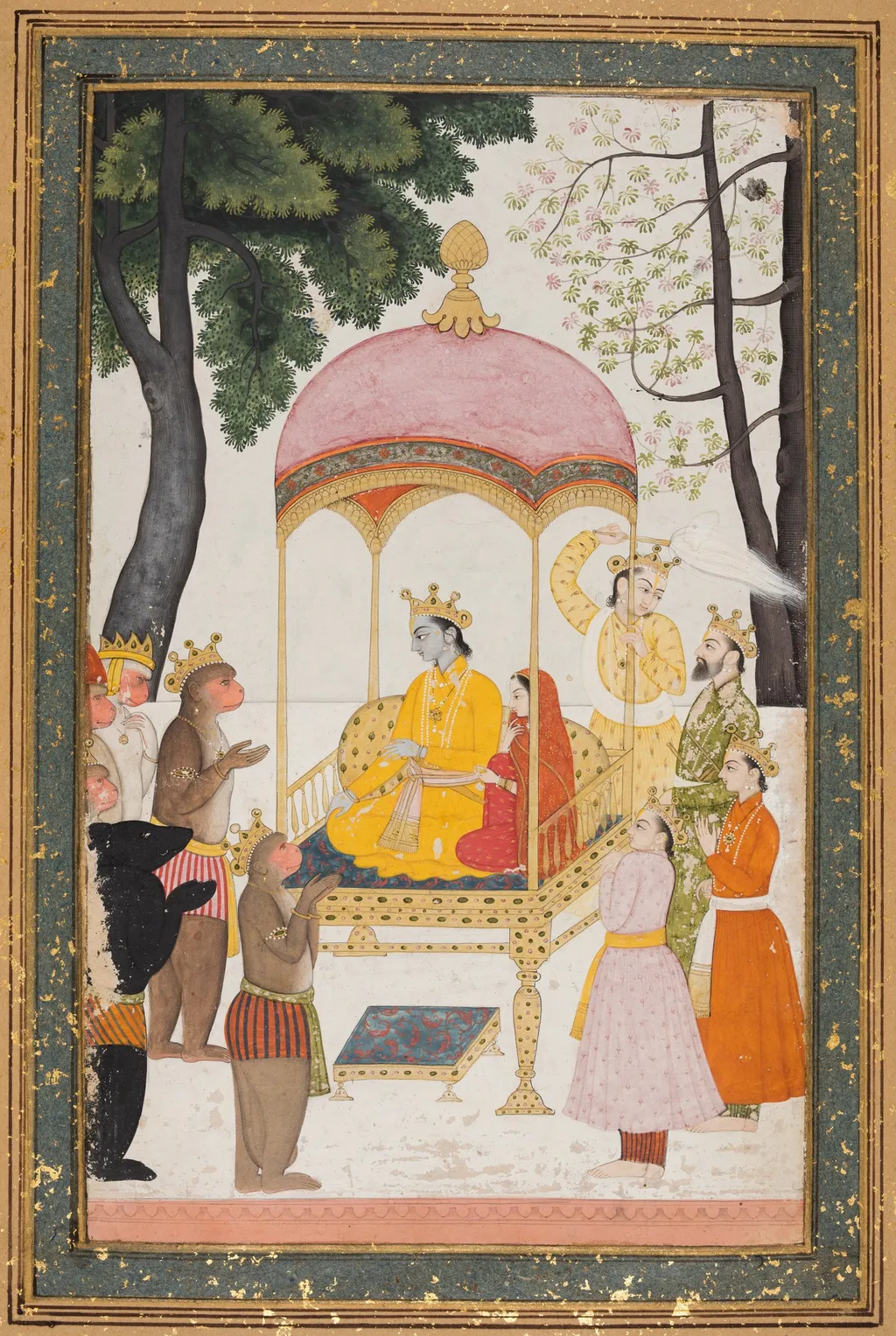 Enthroned Rama and Sita receive homage from their monkey and bear Allies, from the Yuddha Kanda (Book of the War) of a Ramayana (Rama’s Journey), unspecified, 1765