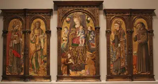 Enthroned Virgin and Child, with Angels and Saints Bonaventure, John the Baptist, Louis of Toulouse, and Francis of Assisi, by Vittore Crivelli