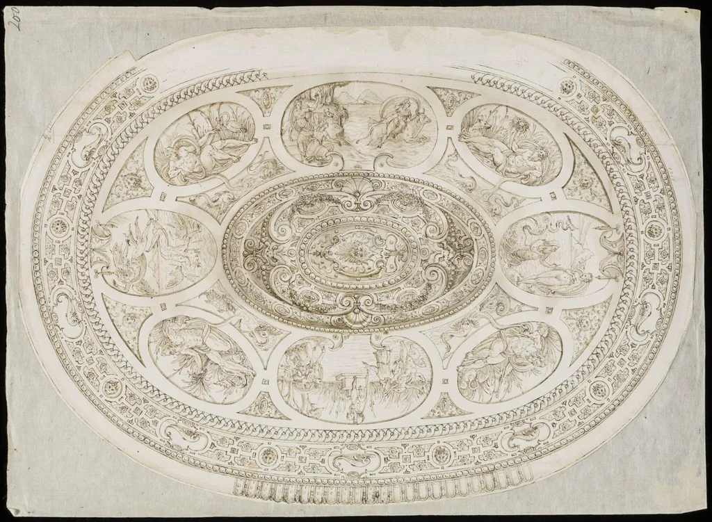 An oval with scenes of the Metamorphoses: The Rape of Europa, the peasants turned into frogs, The Fall of Icarus, Glaucus and Scylla, by Erasmus Hornick
