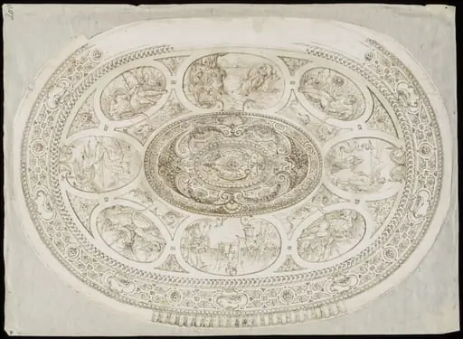 An oval with scenes of the Metamorphoses: The Rape of Europa, the peasants turned into frogs, The Fall of Icarus, Glaucus and Scylla, by Erasmus Hornick