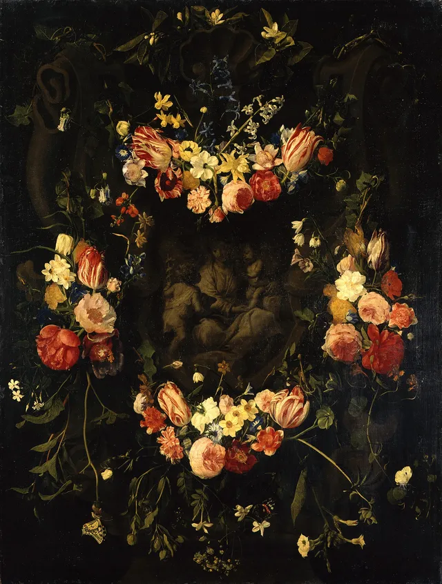 Cartouche addorned with flowergarlands surrounding a depiction of the Holy Family with the infant Saint John the Baptist
