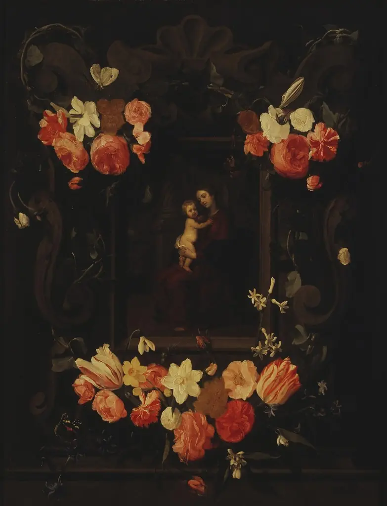 Madonna and Child Framed a Garland of Flowers, by Erasmus Quellinus II