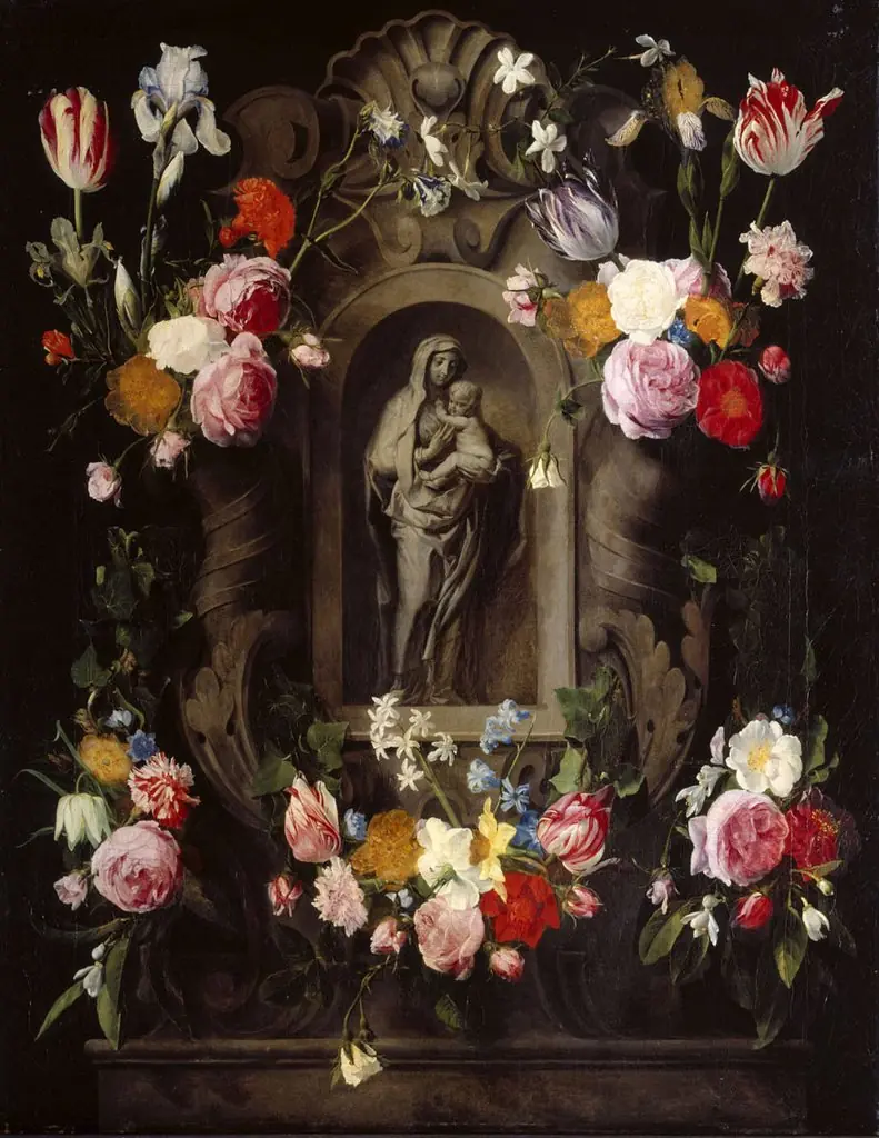Madonna & Child Statuette in a Niche surrounded by a Garland of Flowers, by Erasmus Quellinus II