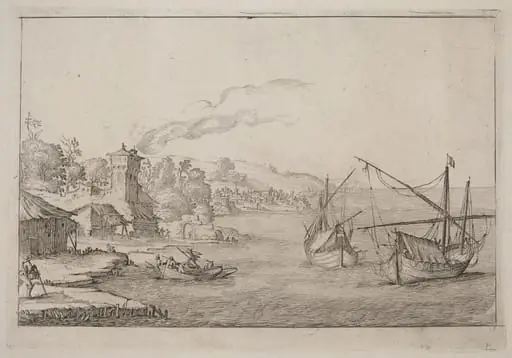 Coastal Landscape with Anchored Vessels, by Ercole Bazicaluva
