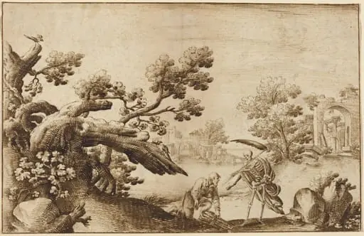 Death and the Woodman in a Coastal Landscape with Ruins, by Ercole Bazicaluva