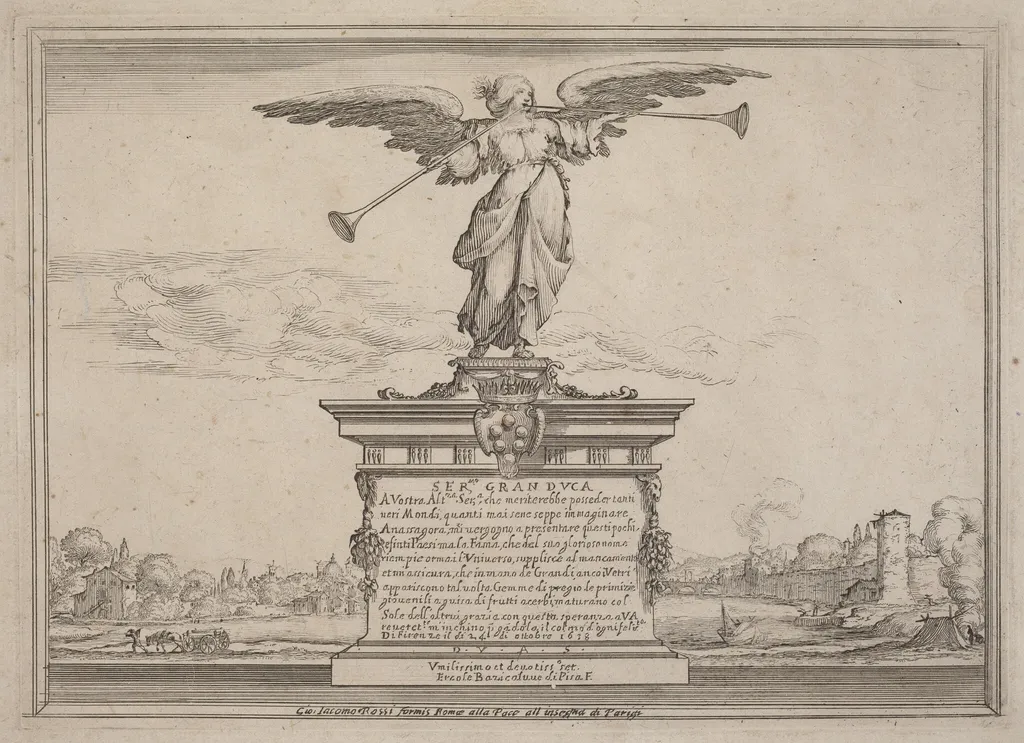 Dedication Page with Statue of Fama, by Ercole Bazicaluva, ink, 1638